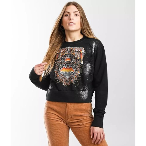 Affliction Crop Sweatshirt 2X Black Cut Out Rhinestone Biker Goth